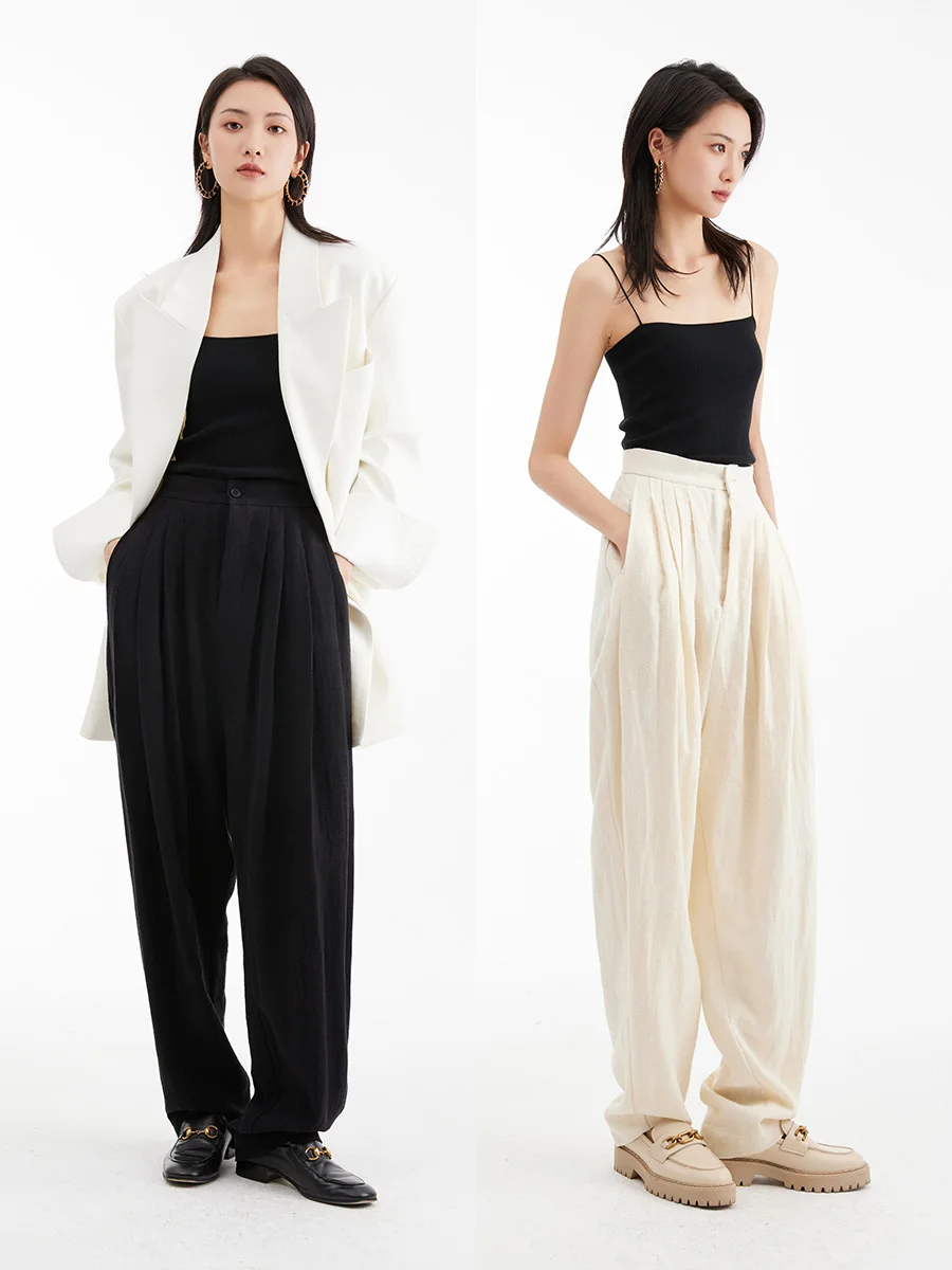 

High Waist Heavyweight Sand Waed 00% Linen Casual Women's Pants Draped Multi Pleated Floor Length Loose Fit Trousers