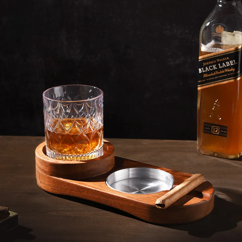 Wooden Cigar Ashtray Whiskey Cup Holder 2 in 1 Smoking Accessories Solid Wood Creative Bar Accessories Gift for Boyfriend