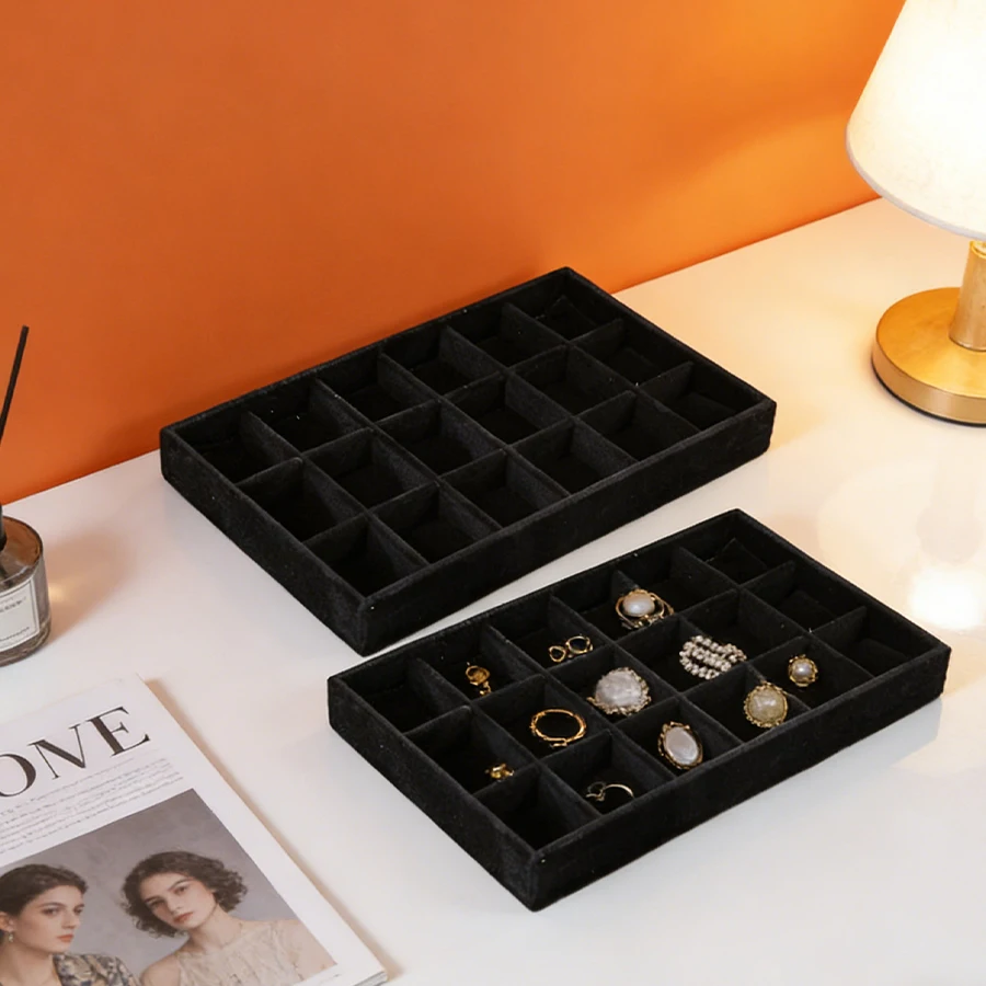 

Бархатный поднос для демонстрации украшений, изысканная шкатулка для ювелирных изделий, коробка для хранения браслетов и ожерелий, органайзер-поднос, черный, 2 шт.