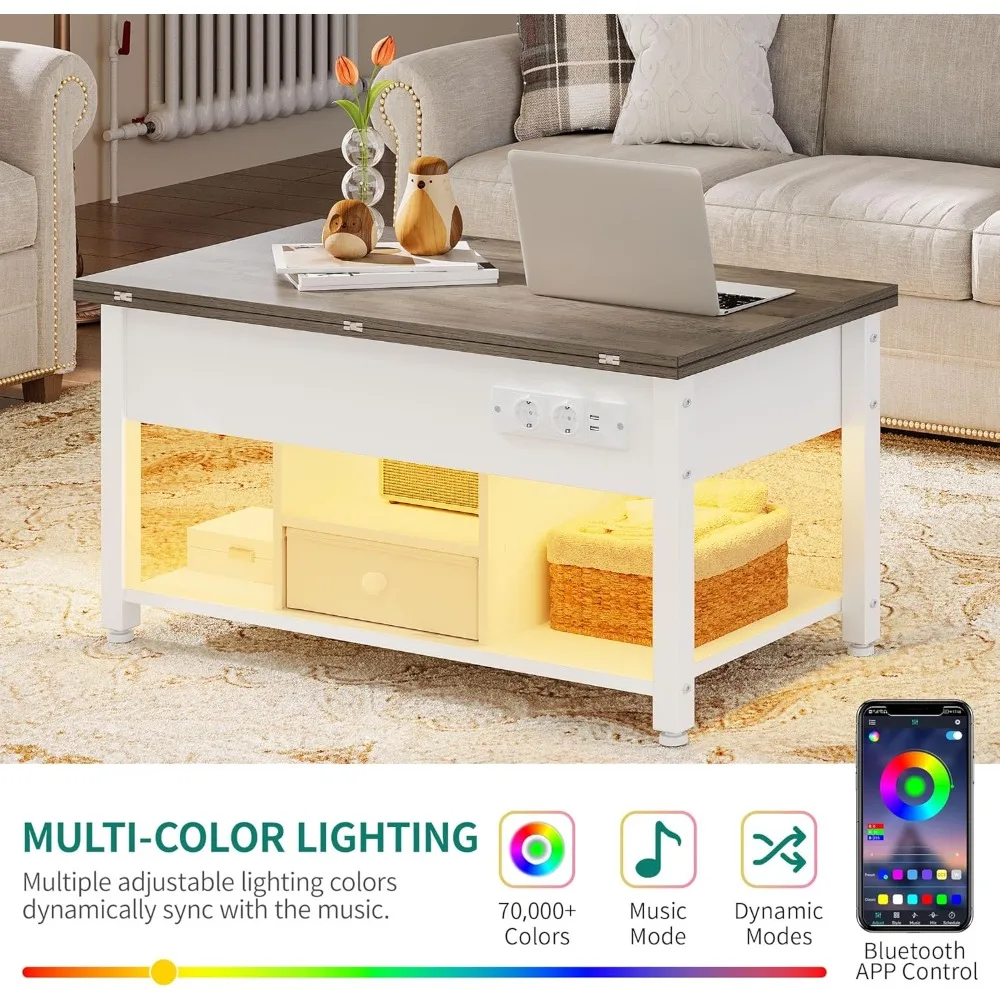 ITAHOME Mesa Centro Elevable LED RGB 4 en 1 Mesa Salón Compartimo Almacenamiento Oculto Mesa Cafe
