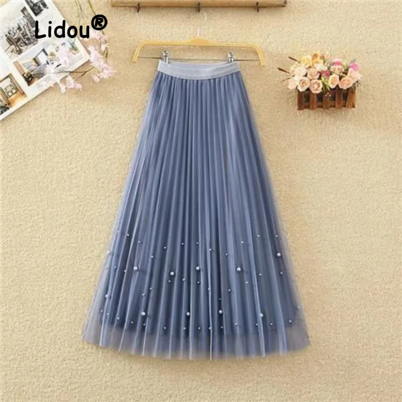 2023 New Yarn Skirt Women's High Waist Slim A-line Skirt Studded Bead Pleated Mesh Mid Length Half Length Skirt All-match