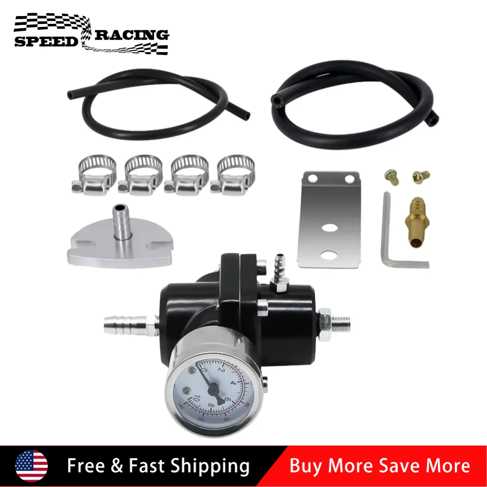 Durable Adjustable Aluminium Alloy Fuel Pressure Regulator + Gauge + Fitting Kit For Vehicles Silver Black Red Blue FPR-1004