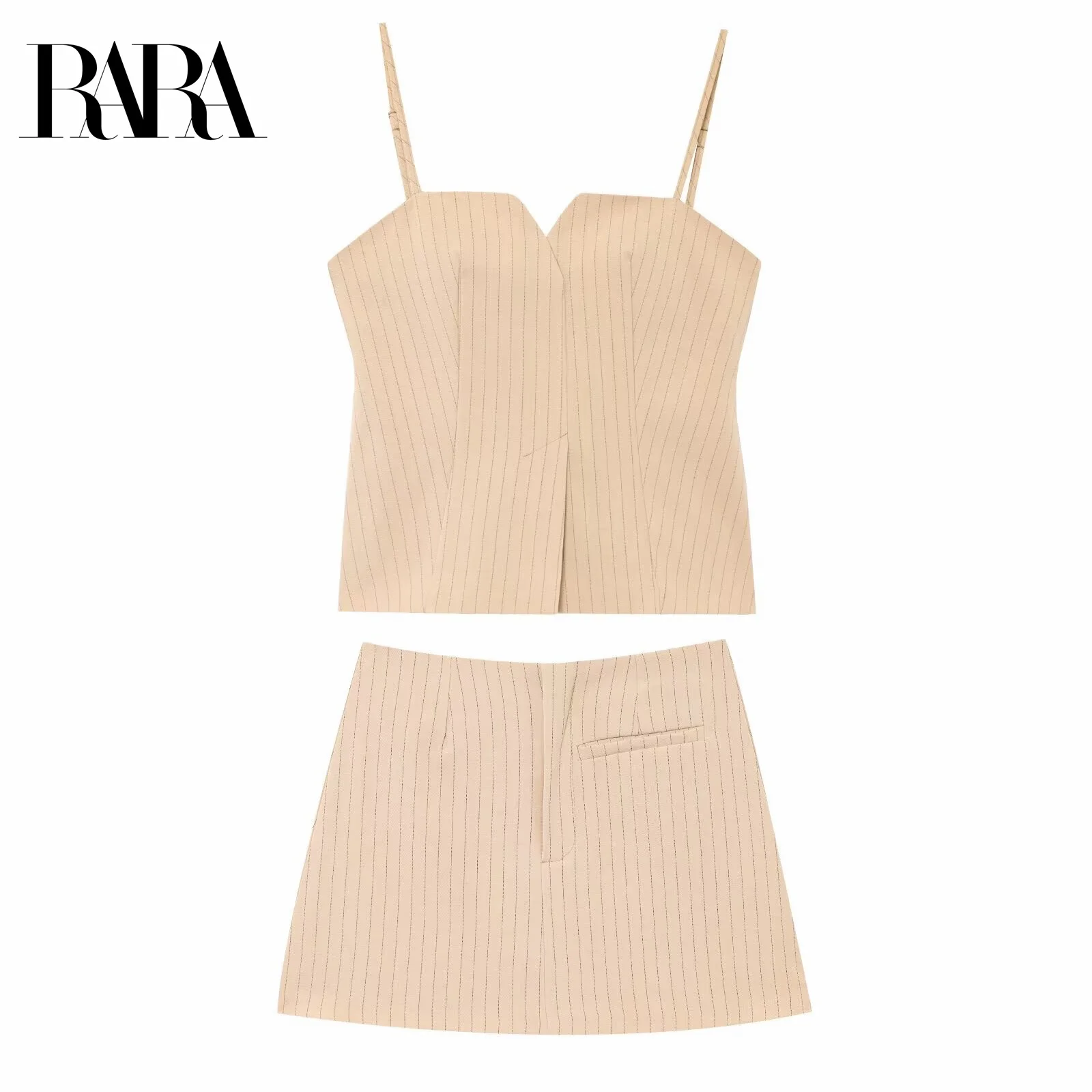 

RARA 2025 Womens Two - piece Set Strappy Bustier - style Top with Pinstripe Pattern Mini Skirt with Pocket for Summer and Party