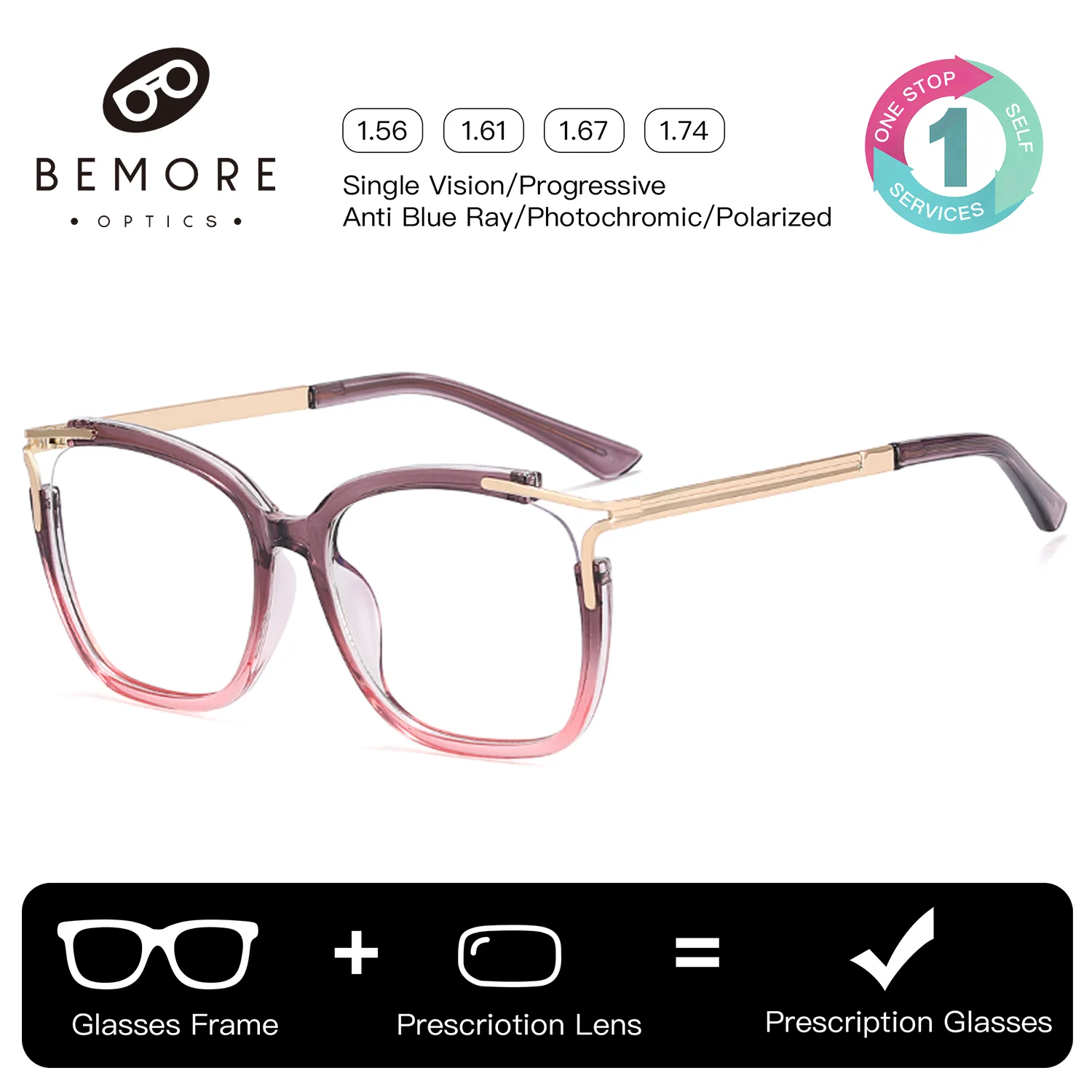 bemore-スクエア型-アセテート製-カスタムメイド-処方箋対応-眼鏡-女性用-ブルーライトカット-単焦点・累進レンズ・多焦点レンズ対応-老眼鏡
