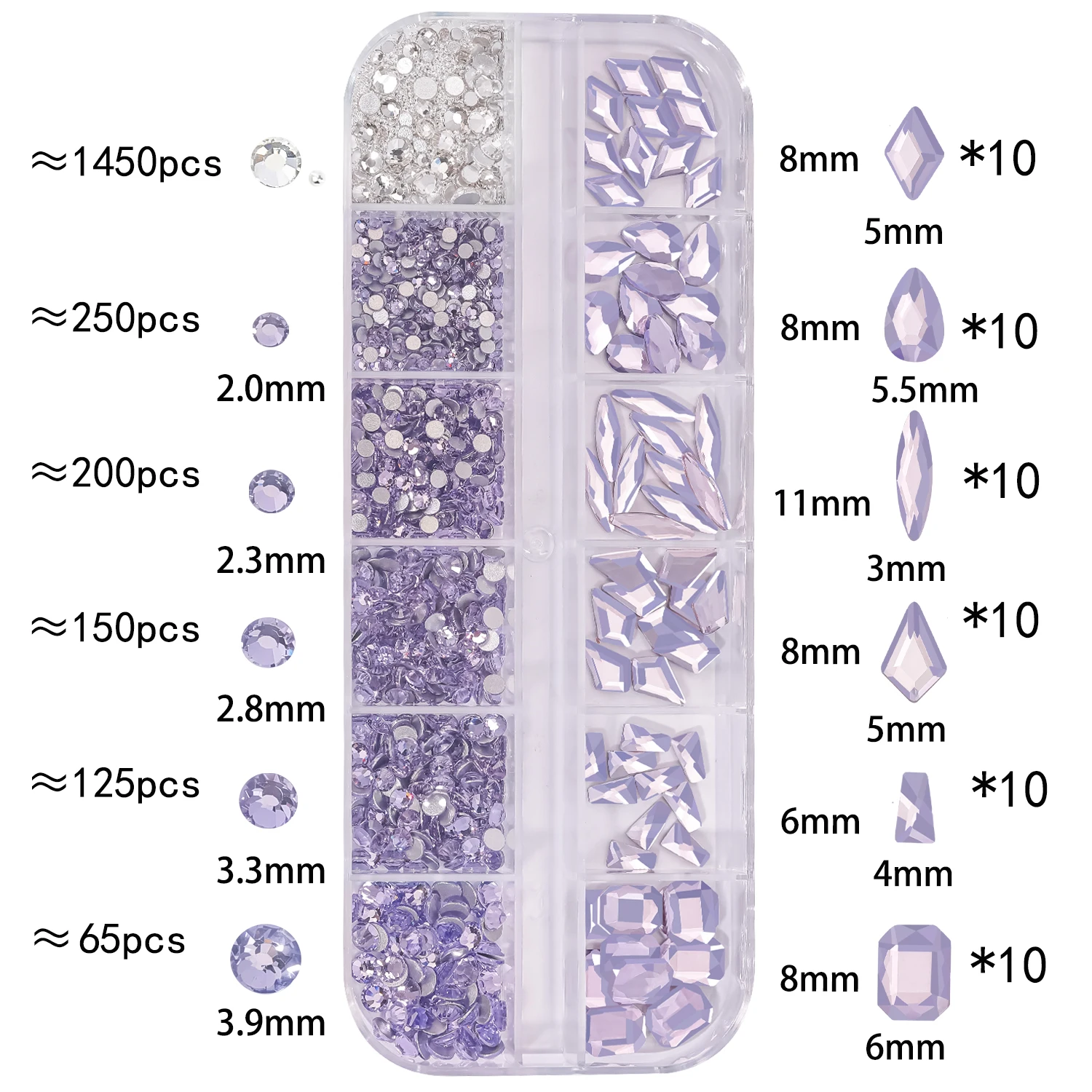 Nail Art Rhinestones Crystal Charms Set Gem Stone Light Purple Flatback Glass Mixed Size Nail Charms For DIY Nail Decoration