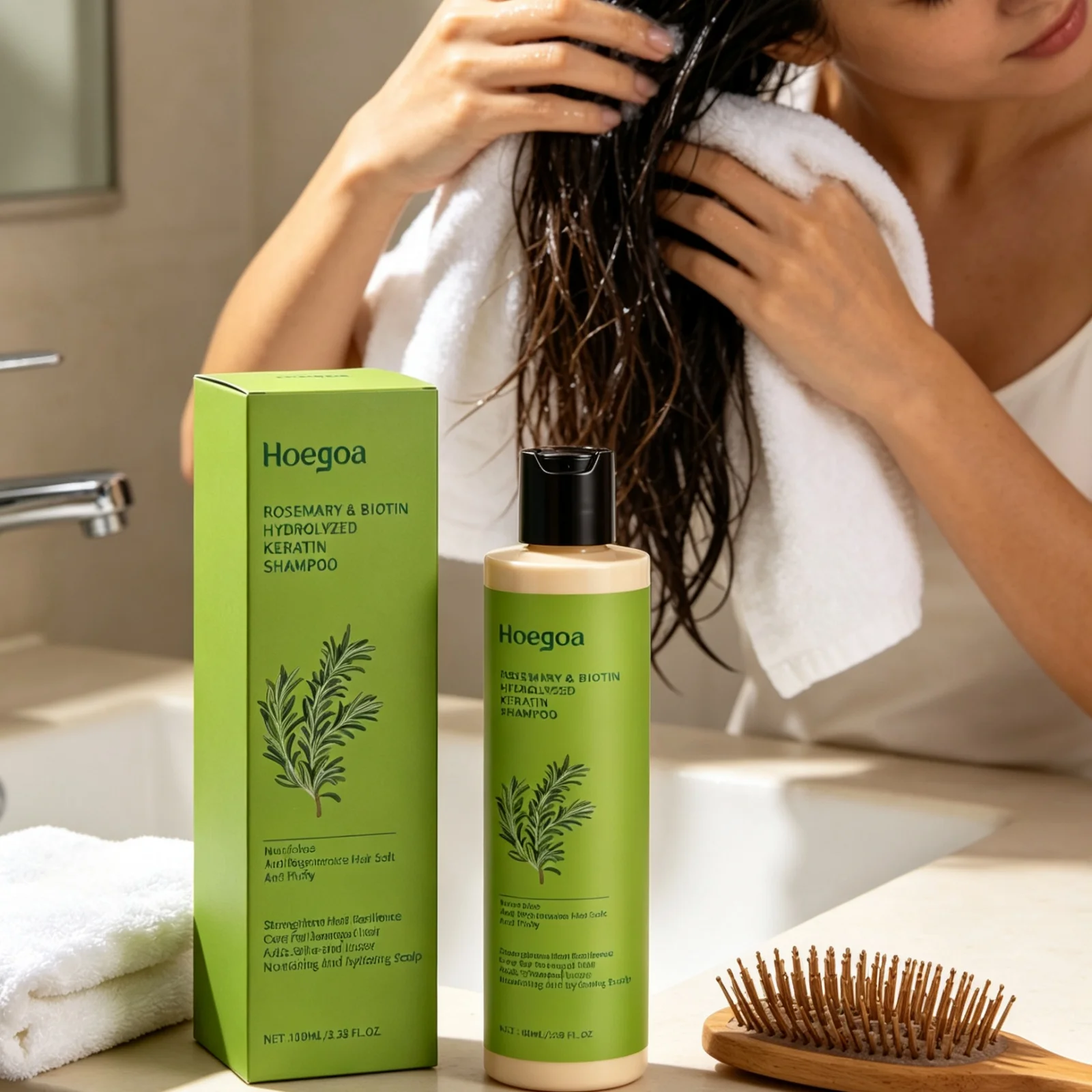 Hoegoa Keratin Hair Shampoo Deep Nourishing Scalp Repair Damaged Hair Enhance Luster Anti Frizz Rosemary Biotin Shampoo 100ml