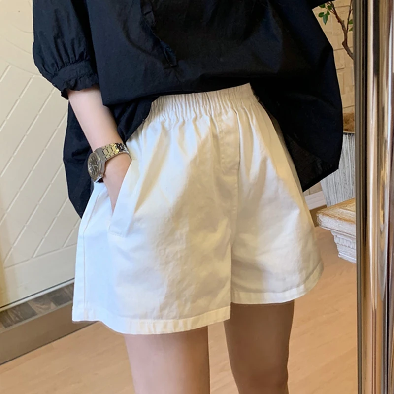 White Elastic Waist Sports Shorts Women's Summer Thin Outerwear Loose Slim A-Line Wide Leg Three-Quarter Pants Trendy INS