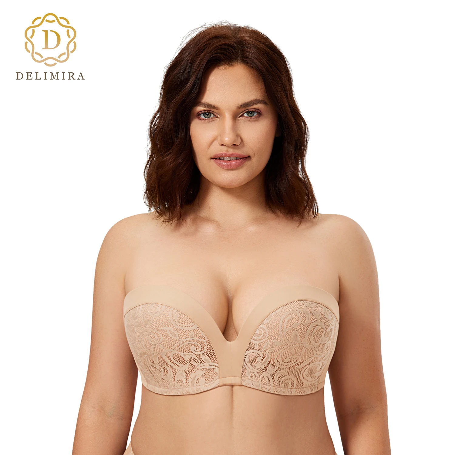 DELIMIRA Women's Strapless Bra Invisible Plunge Push Up for Big Busted Lace Silicone Slightly Lined Support Lift Plus Size