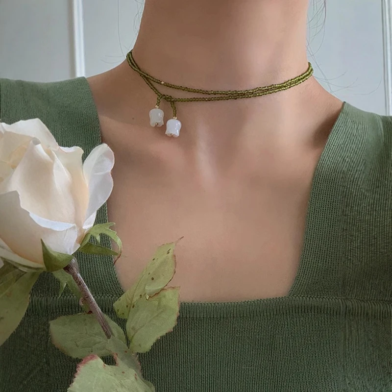 Olive Crystal Beads White Lily Of The Valley Double Layer Wrapped Necklaces For Women Various Wearing Methods Pendant Jewelry