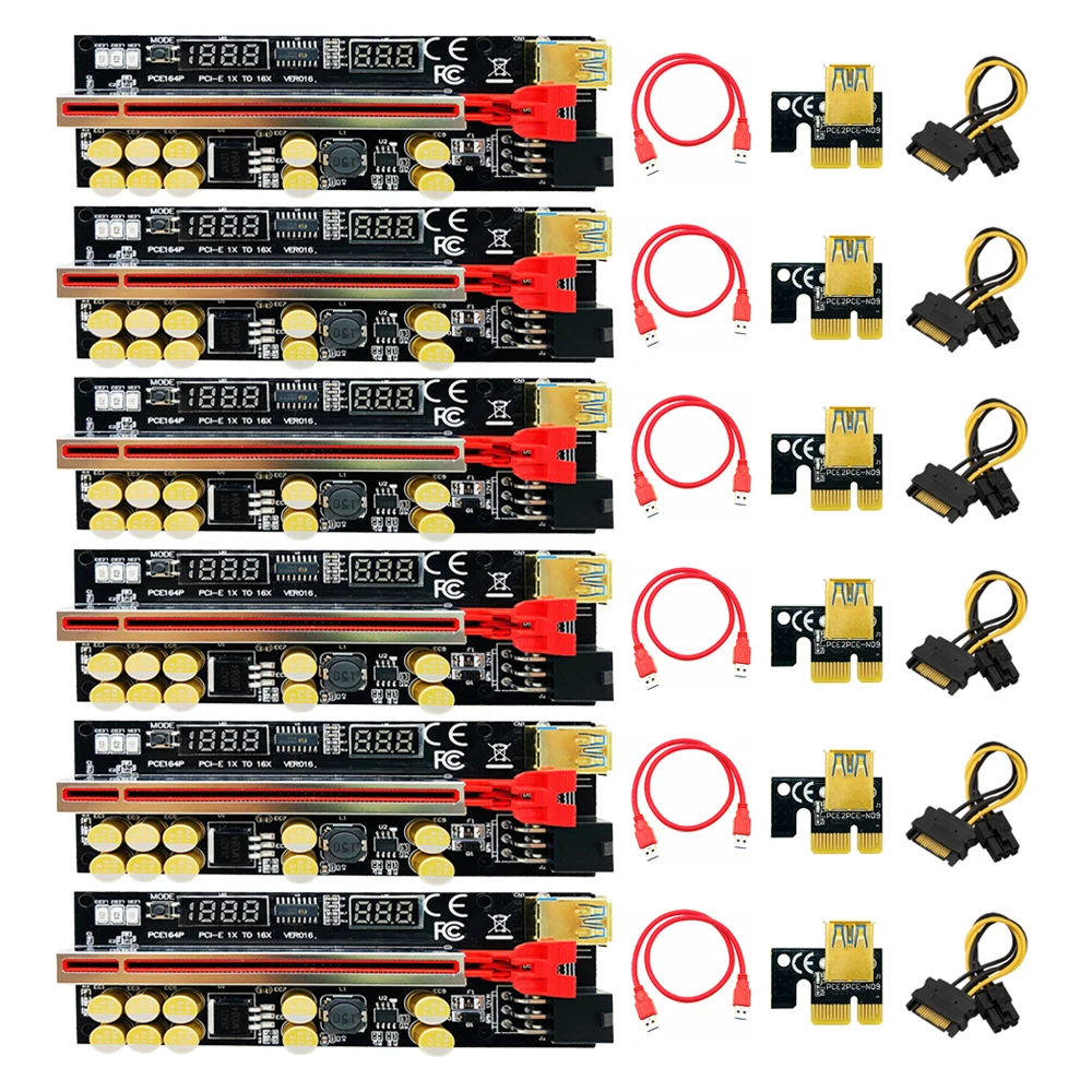 

6Pc PCIE Riser 016 V016 VER016 Riser PCI Express X16 Temperature Voltage LED GPU 1X 6Pin USB3.0 Mining Card Riser For Video Card