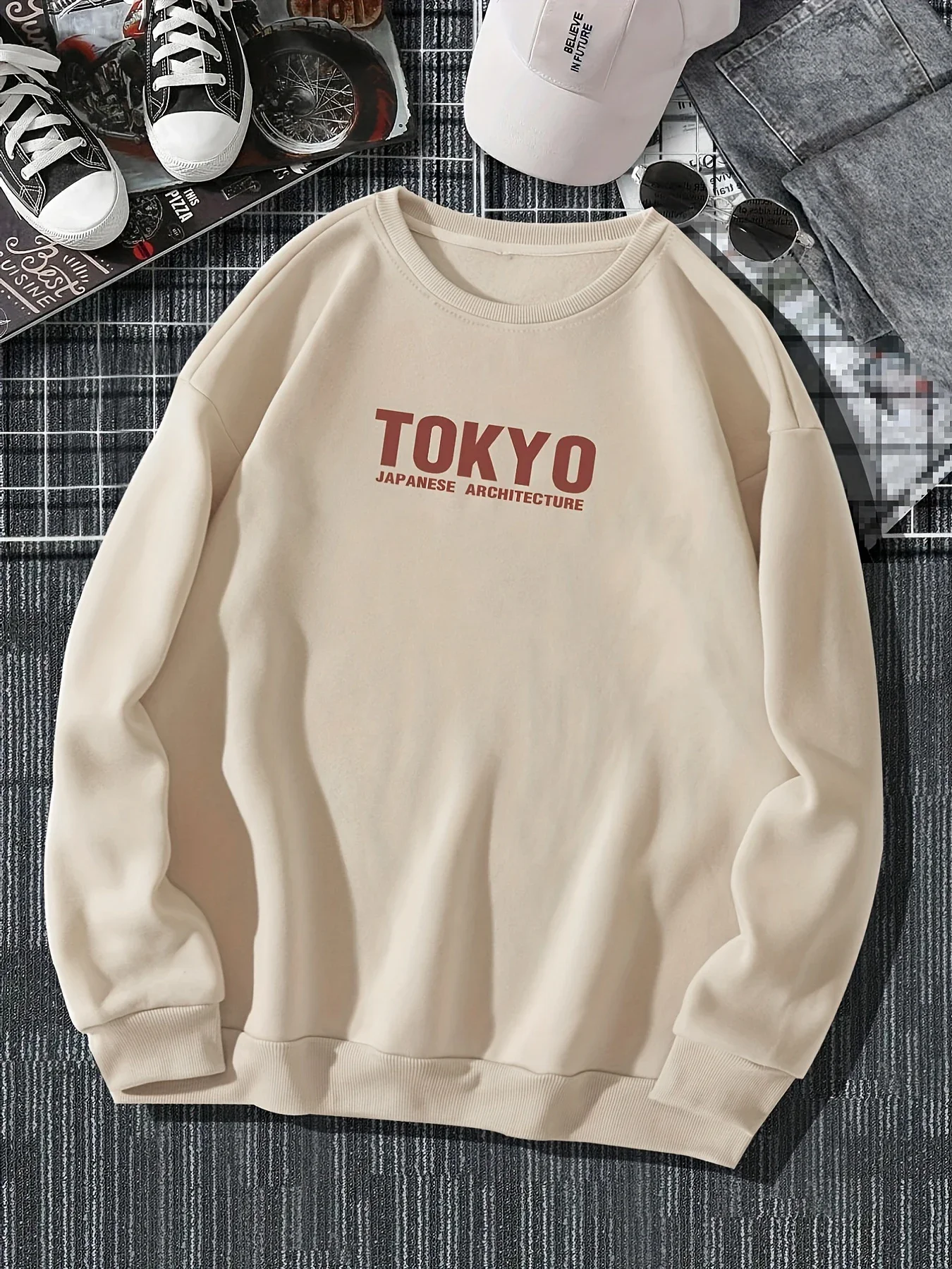 Japan Tokyo cherry blossom print spring casual women's pullover warm and soft hooded loose round neck fleece women's clothing