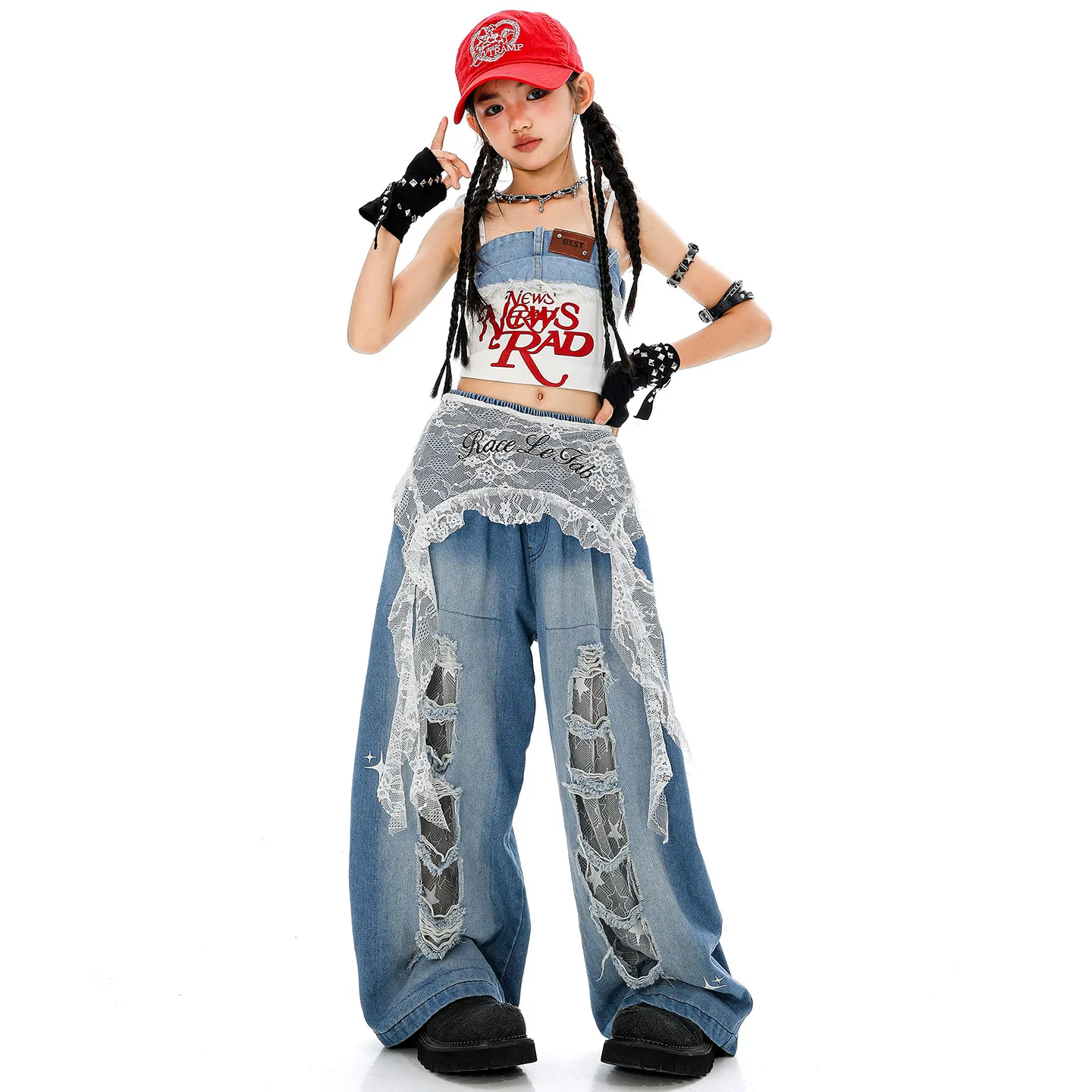طفل Kpop الهيب هوب الملابس الأبيض الدانتيل يصل المحاصيل تانك القمم الدنيم الأزرق عادية واسعة ممزق الجينز السراويل لفتاة أزياء رقص الملابس #3