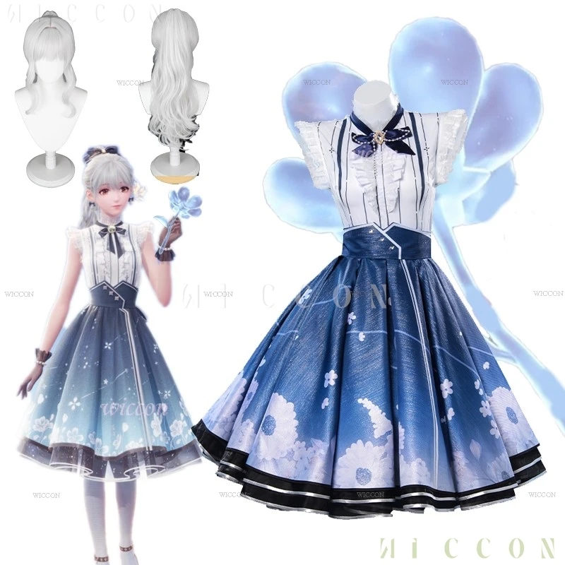 Parrucca del costume cosplay Infinity Nikki Gonna Lolita Abito blu Set Donne Kawaii Ragazze Dolce vestito Gioco di Halloween Abito di memoria floreale