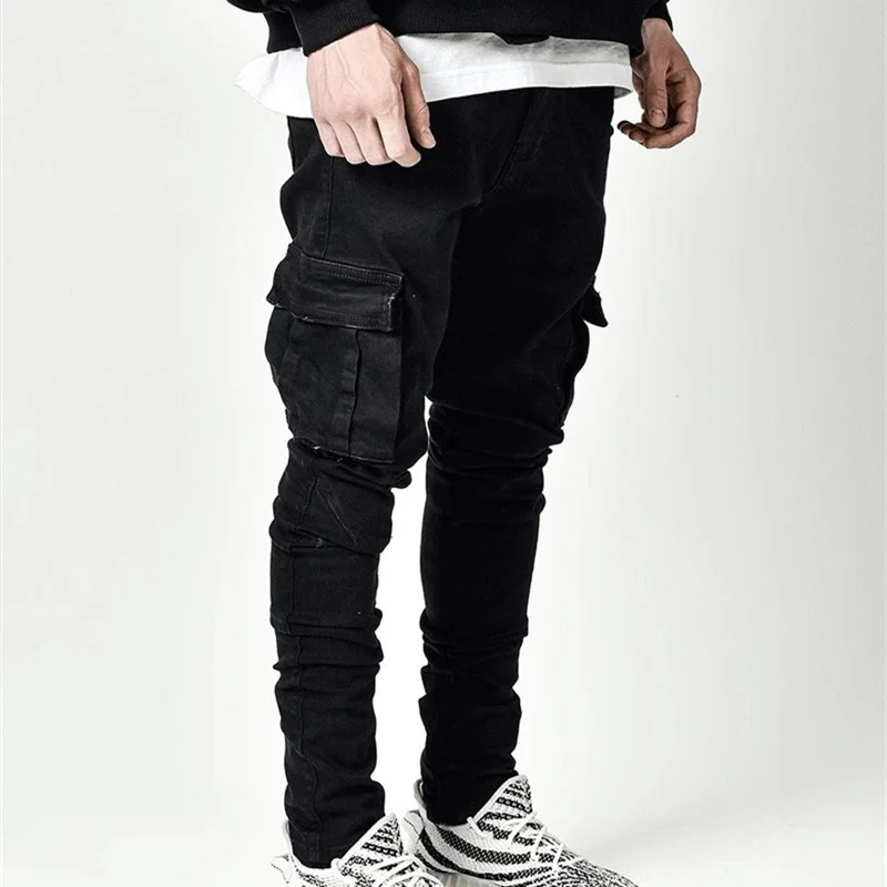 Cool Mid Waist Four-season Jeans Men Fashion Scratch Pencil Pants Casual Streetwear Menswear Splicing Pocket Slim Fit Trousers