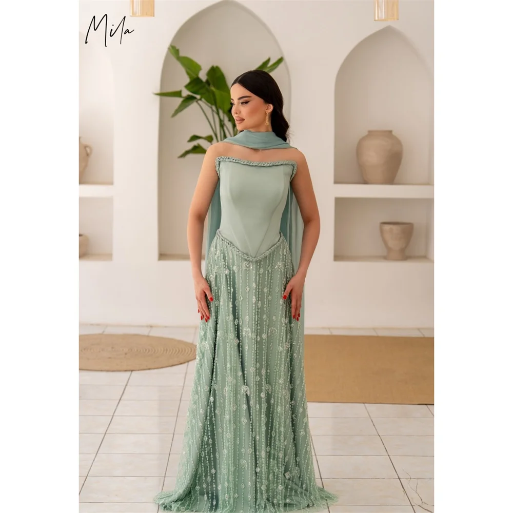 

Mila Green Strapless Prom Dress Sleeveless A-Line Customized Luxurious Women Evening Dresses Floor-Length vestidos de fiesta