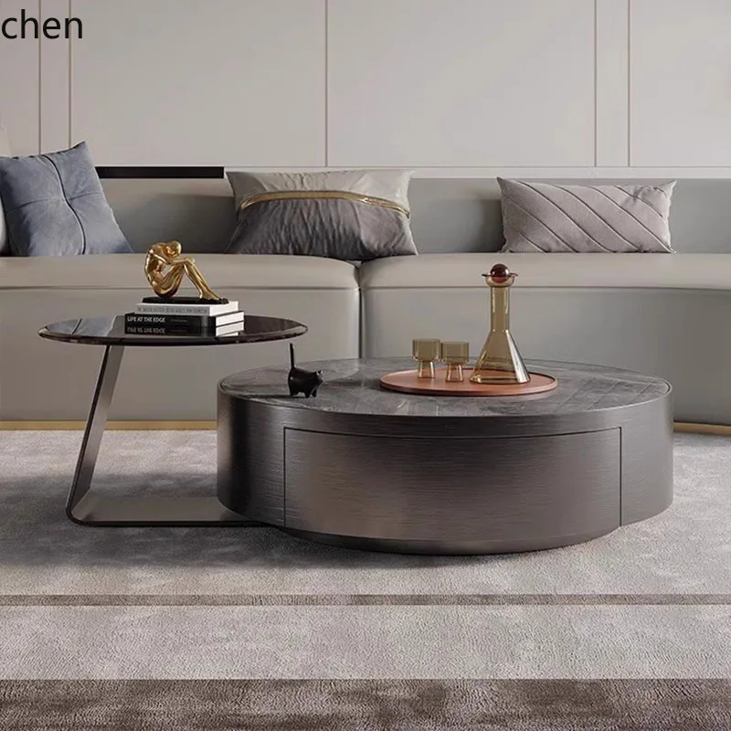HXL Stainless Steel Coffee Table Living Room Light Luxury Rock Board Large and Small Round TV Cabinet Combination