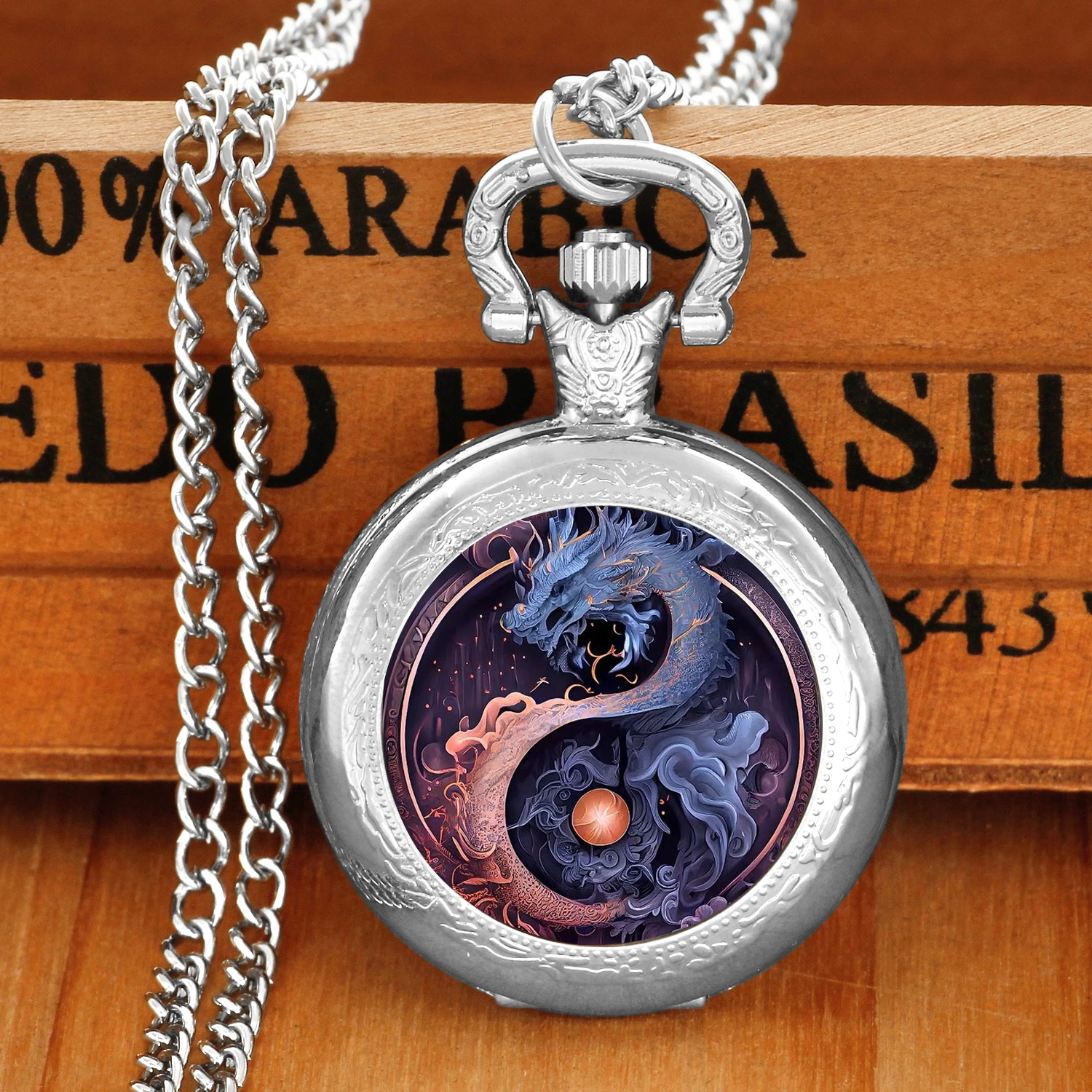 موضة الفضة الفولاذ المقاوم للصدأ Monn التنين Desgin ساعة جيب كوارتز قلادة النساء الرجال الاطفال مجوهرات سلسلة بدلاية على مدار الساعة هدية