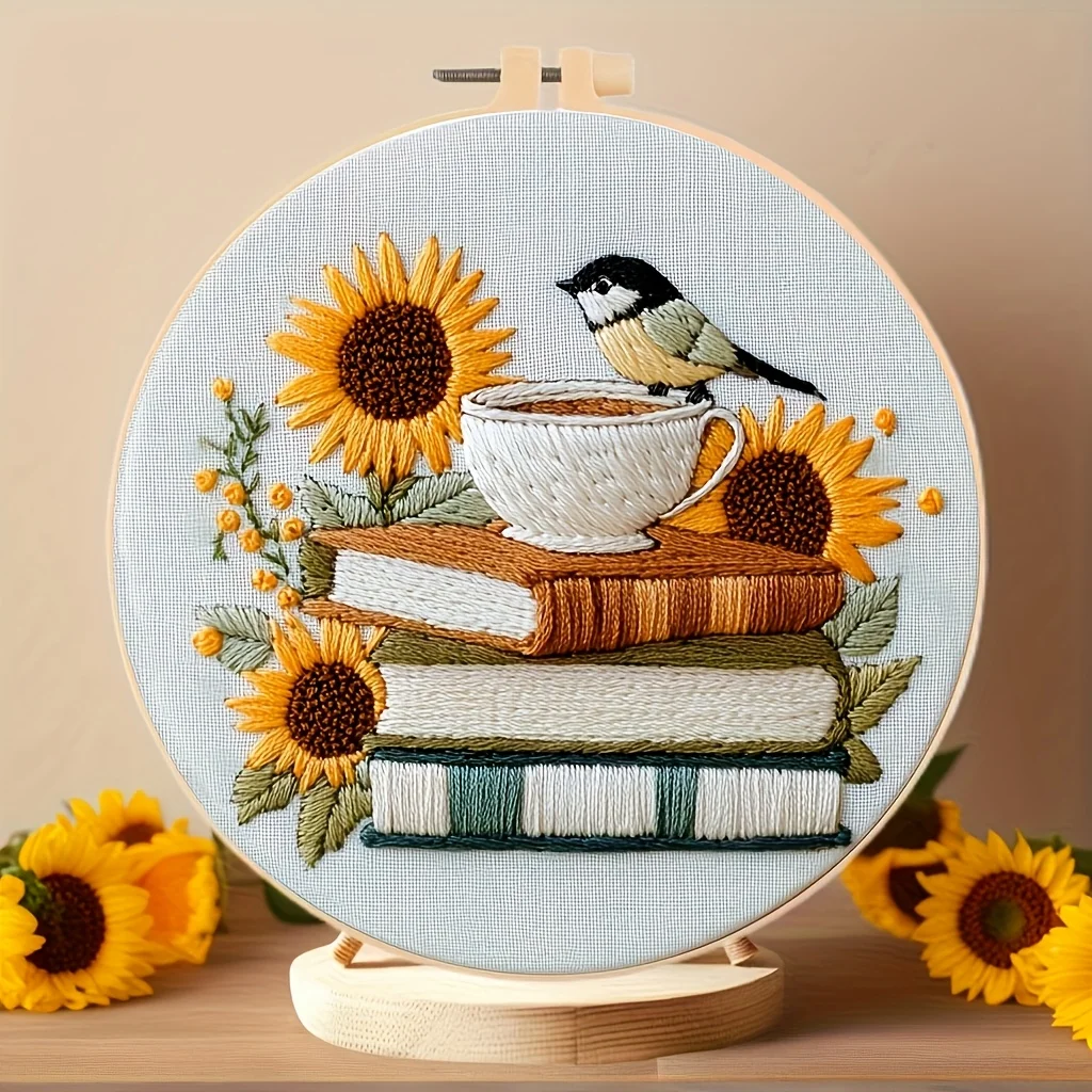 1-Stickwerkzeugset für Anfänger, einschließlich Vogel-, Buch- und Sonnenblumenmuster – Kreuzstich-DIY-Enthusia im Frühlings- und Sommerstil