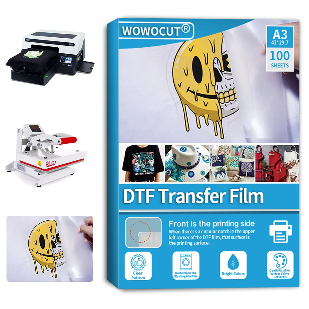 WOWOCUT A3 A4 PET DTF Film 100 PCS DTF Film For DTF Printer Direct to Film Printer PET Film For R1390 L1800 DTF Printing Machine