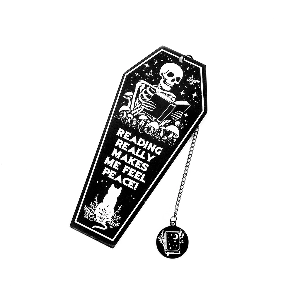 2 Sides Gothic Black Skull Stainless Steel Bookmark for Women Men Reading Really Makes Me Feel Peace Book Mark Halloween Gifts