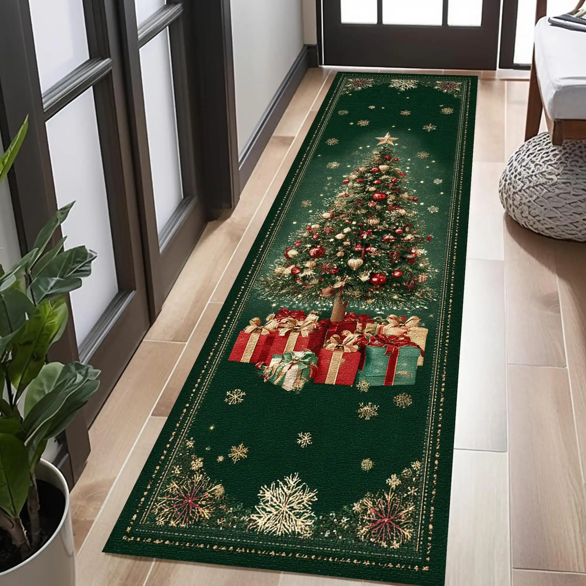 Happy New Year Holiday Blessing Xmas Dark Green Pine Tree Gift Box Entryway Area Rug Kitchen Runner Rug Living Room Floor Mat