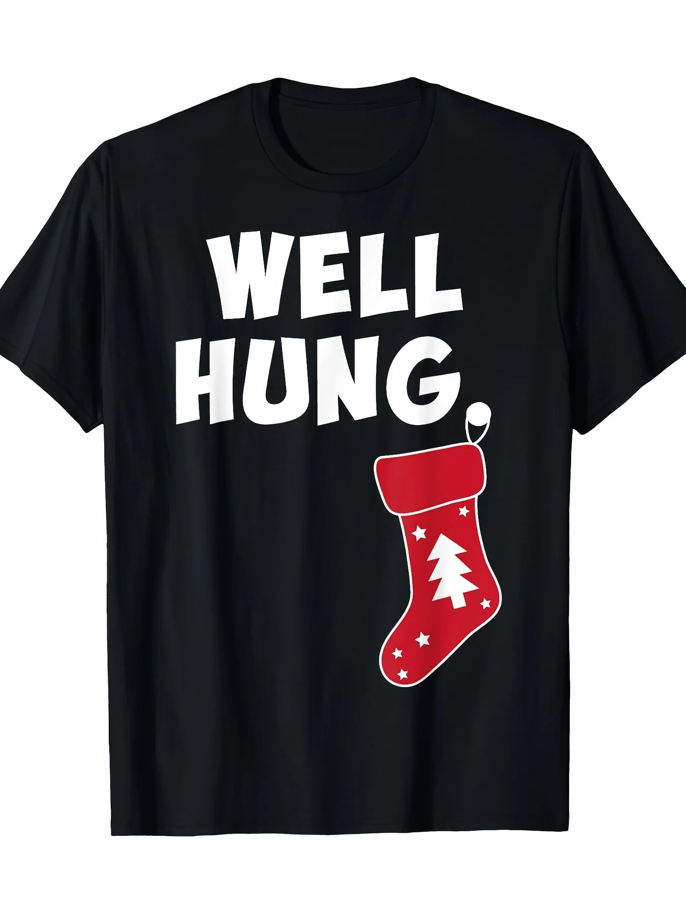 

Christmas Cotton Blend Funny T-Shirt "Well Hung" - Crew Neck, Casual Fit, 230gsm, Adult Sizes, Red Stocking Graphic