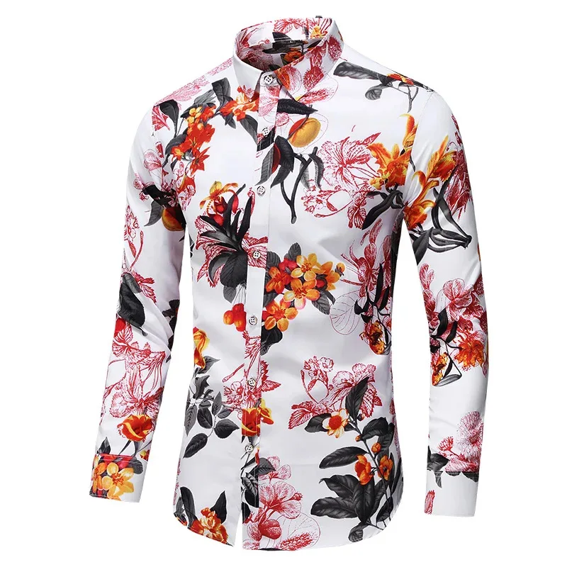 Multiple Colors Men Slim Flower Printed Casual Shirt Autumn Male Holiday Party Long Sleeve Dress Shirts Camisa Masculina 5XL