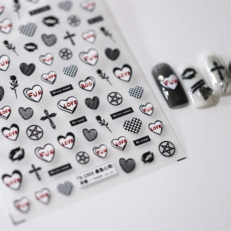 

1 Sheet 5D Realistic Relief Black Heartbeat Cross Rose Lattice Love Adhesive Nail Art Stickers Decals Manicure Charms Suppliers