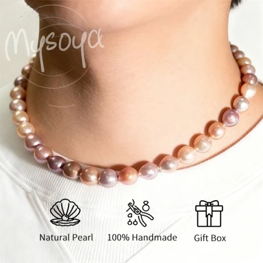 

MYSOYA 10-12mm Purple Pink Baroque Pearl Necklace Golden Hook Clasp Gift Box Your Unisex Jewelry Perfect For Wedding Birthday