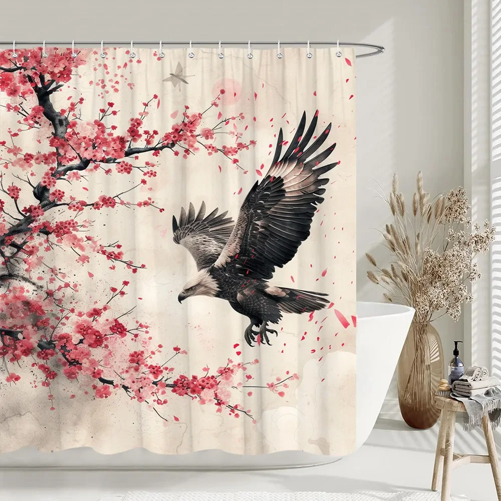 Chinese Ink Painting Shower Curtain Koi Cherry Blossom Sun Eagle Peacock Parrot Landscape Polyester Fabric Curtain Bathroom Deco