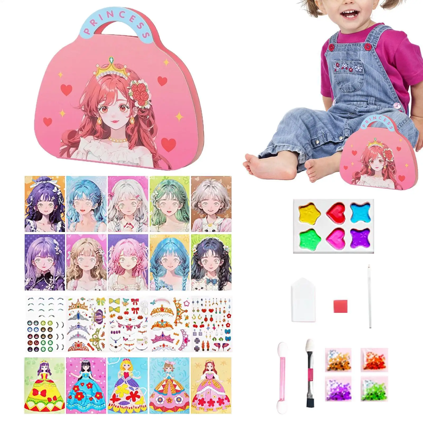 Princess Makeup Book DIY Coloring Craft Toy with Stickers Dress Up Painting Activity Book with Watercolor and Rhinestone Tools