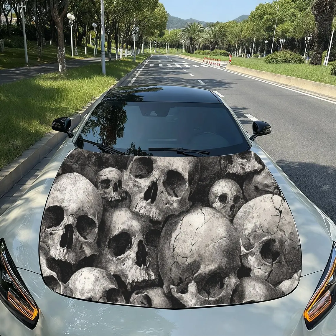 

Retro Skull Dark Art PVC Car Hood Wraps, Self-Adhesive Waterproof Car Bonnet Decal Sticker, Car Decoration Protection Stickers f