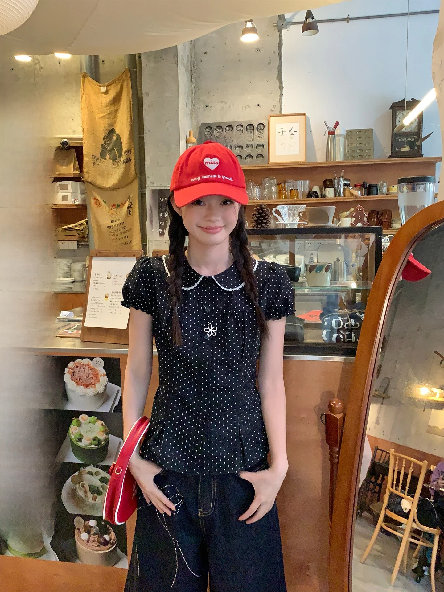 

Black Polka Dot Waist-Cinching Short Sleeve Doll Collar Shirt Women's Summer New Korean Style College Wind Blouse Song Zhengen