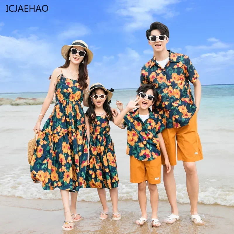 

Mother Father Daughter Matching Clothes Sets Floral Print Shirt Dress Short Sleeve Hong Kong Style Summer Family Outfits