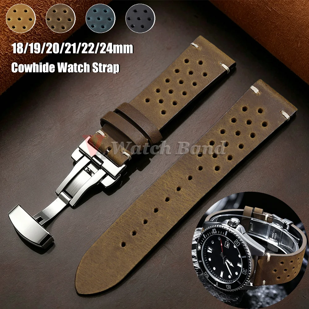 18mm 19mm 20mm 21mm 22mm 24mm Retro Watch Strap Dark Brown Breathable Porous Watchbands Vintage Racing Leather Watch Straps