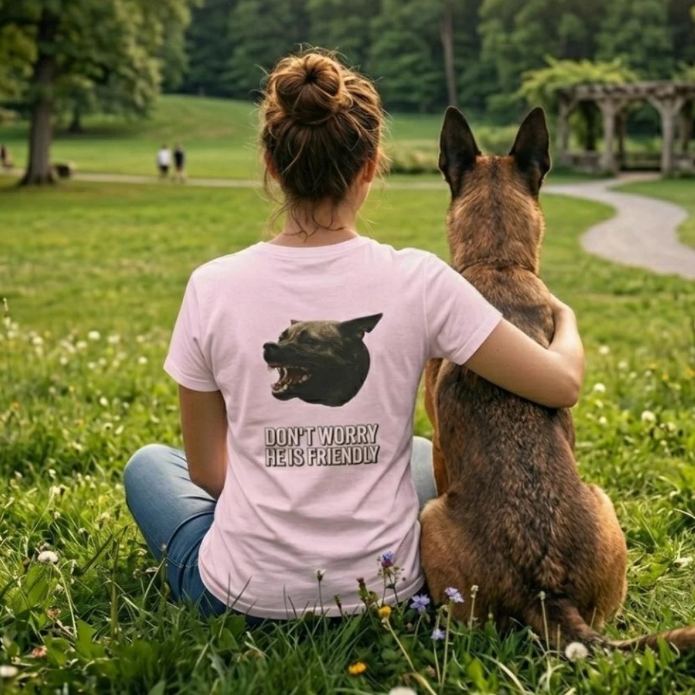 Funny Dog Owner Shirt Don't Worry He Is Friendly Scary Gift Sarcastic Dog Mom Dad Tee Working Dog Handler Shirt Women Clothes