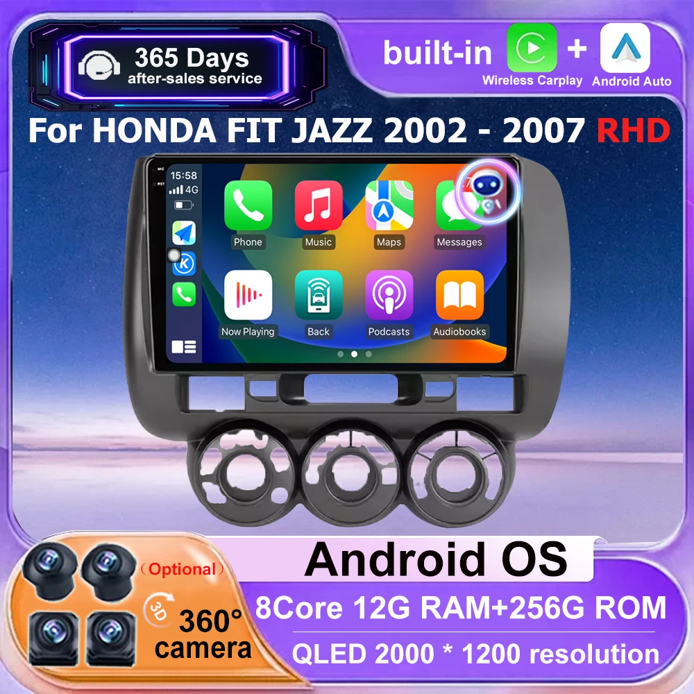 

Автомобильный радиоприемник с QLED-экраном, мультимедийный плеер GPS для HONDA FIT JAZZ 2002 2003 2004 2005 2006 2007 RHD Android 16 Auto Carplay 4G WIFI