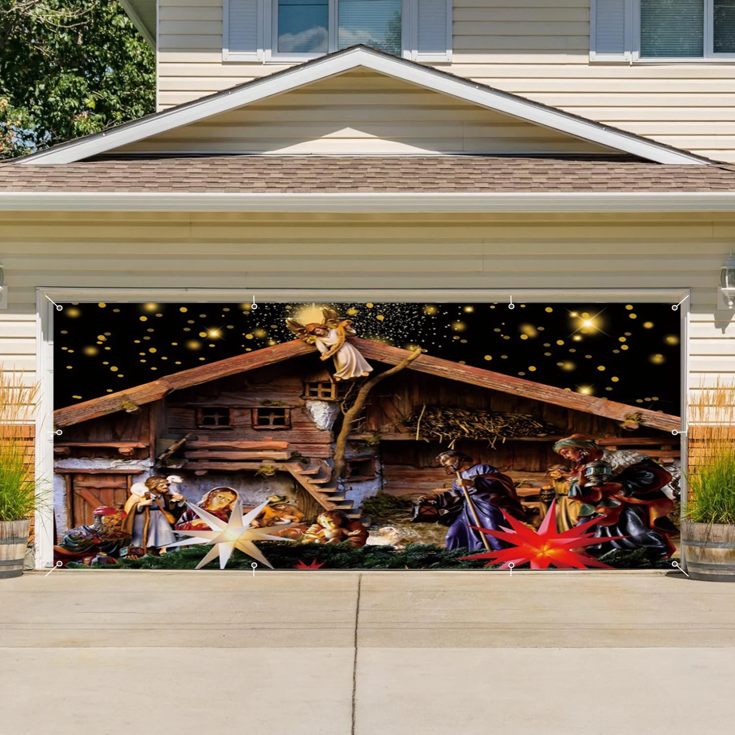 Christmas Family Cross Angel Nativity Garage Wall Background Holy Night Christian Birth of Jesus Garage Door Frame With Hooks