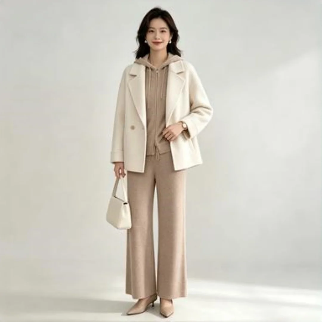 Waffle Knit Hooded Two Piece Set Loose Wide Leg Pants Tracksuit
