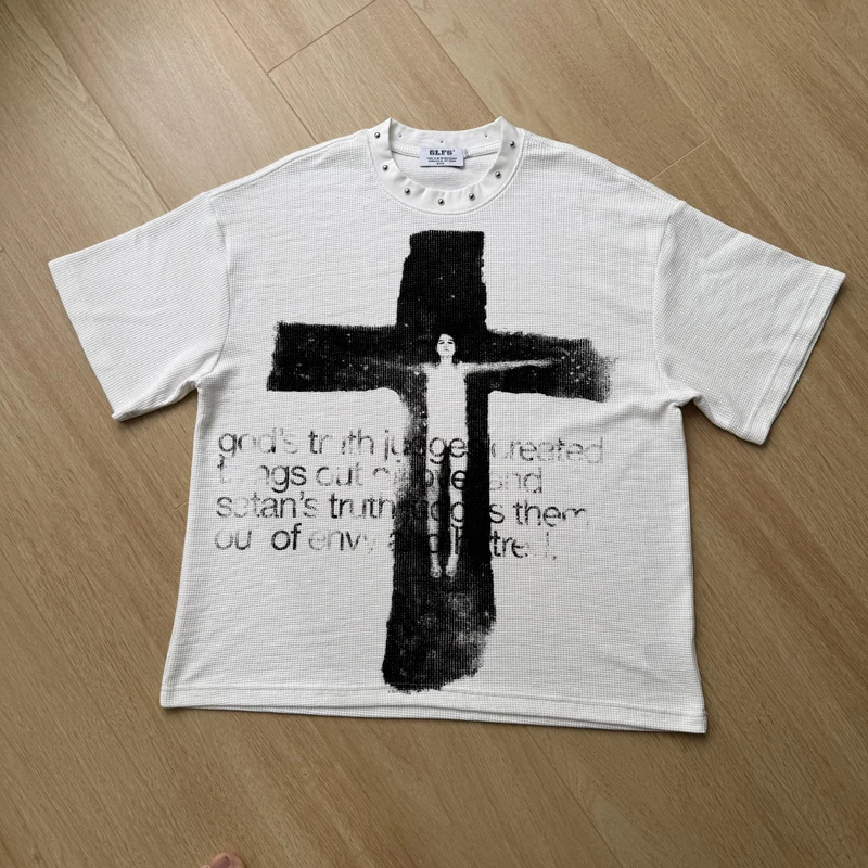Waffle Chest Text Pattern Cross Portrait Print T Shirt Collar Rivet Label Men Women Black White Loose Short Sleeve Tops Tee