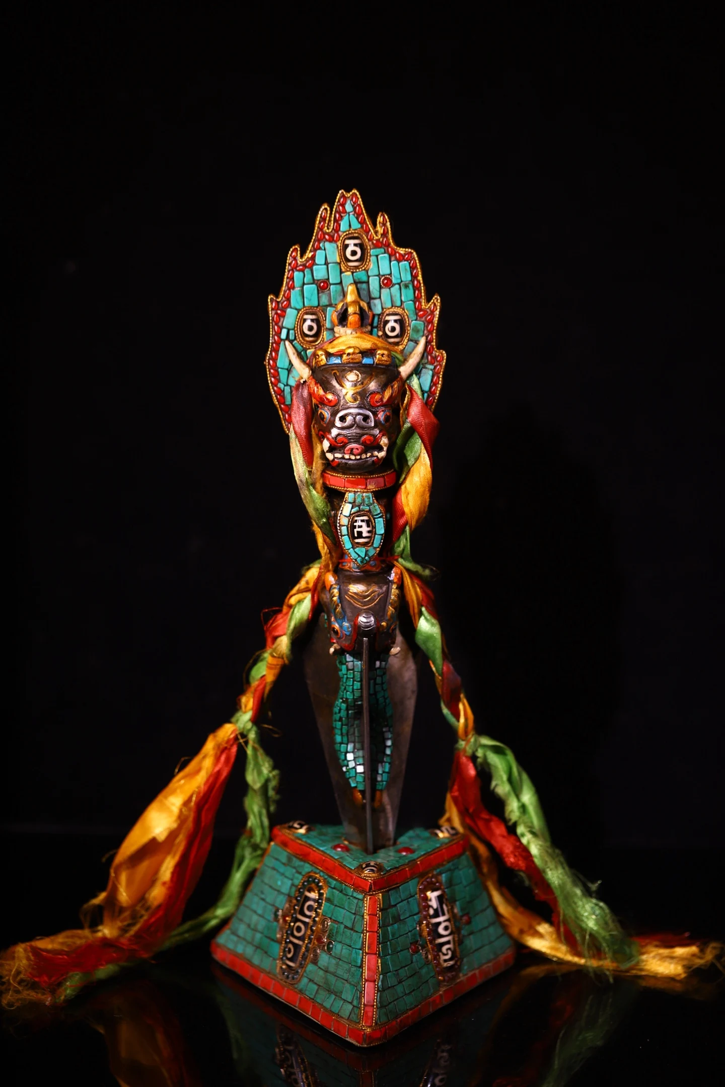 Old Tiantie Mosaic Gem gZi Beads Turquoise Skull Head Yamantaka Bull Head Buddha Head Vajra Phurpa Base Amulet Town House