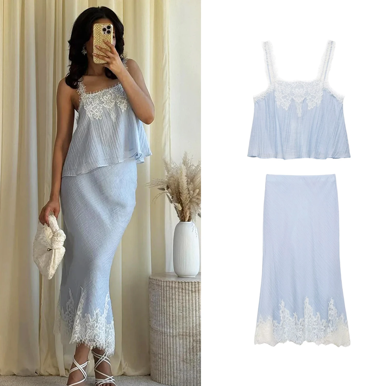 

Women Elegant Blue Lace Half Skirt Sets Or Female Lace Sleeveless Backless Sexy Camisoles Or Lady High Street Midi Lace Skirts