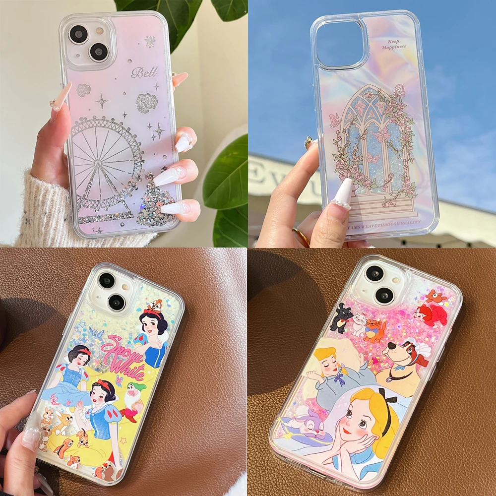 Quicksand Phone Case For iPhone 15 14 13 12 11 Pro Max 14 Plus Mermaid Alice Cinderella Princess Castle Flowers Back Cover