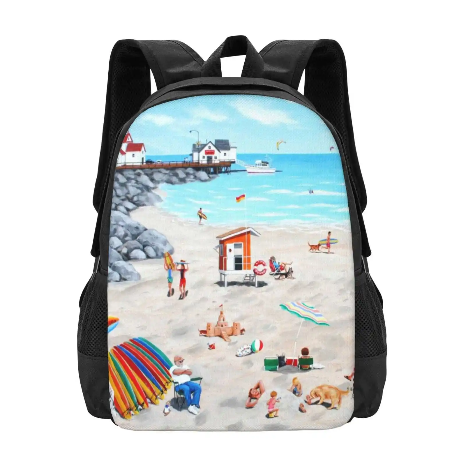 Dog Day Afternoon Hot Sale Schoolbag Backpack Fashion Bags Seascape Beach Surfing Surfboard People Children Dog Swimming