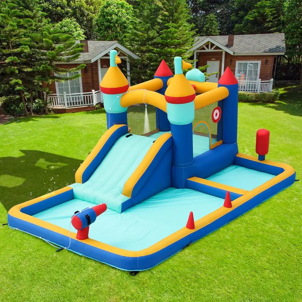 8-in-1-Hüpfburg, Wasserrutsche-Hüpfburg mit Poolfläche, Hüpfburg mit Rutsche für Nass und Trocken, Iatable Castle mit Luft