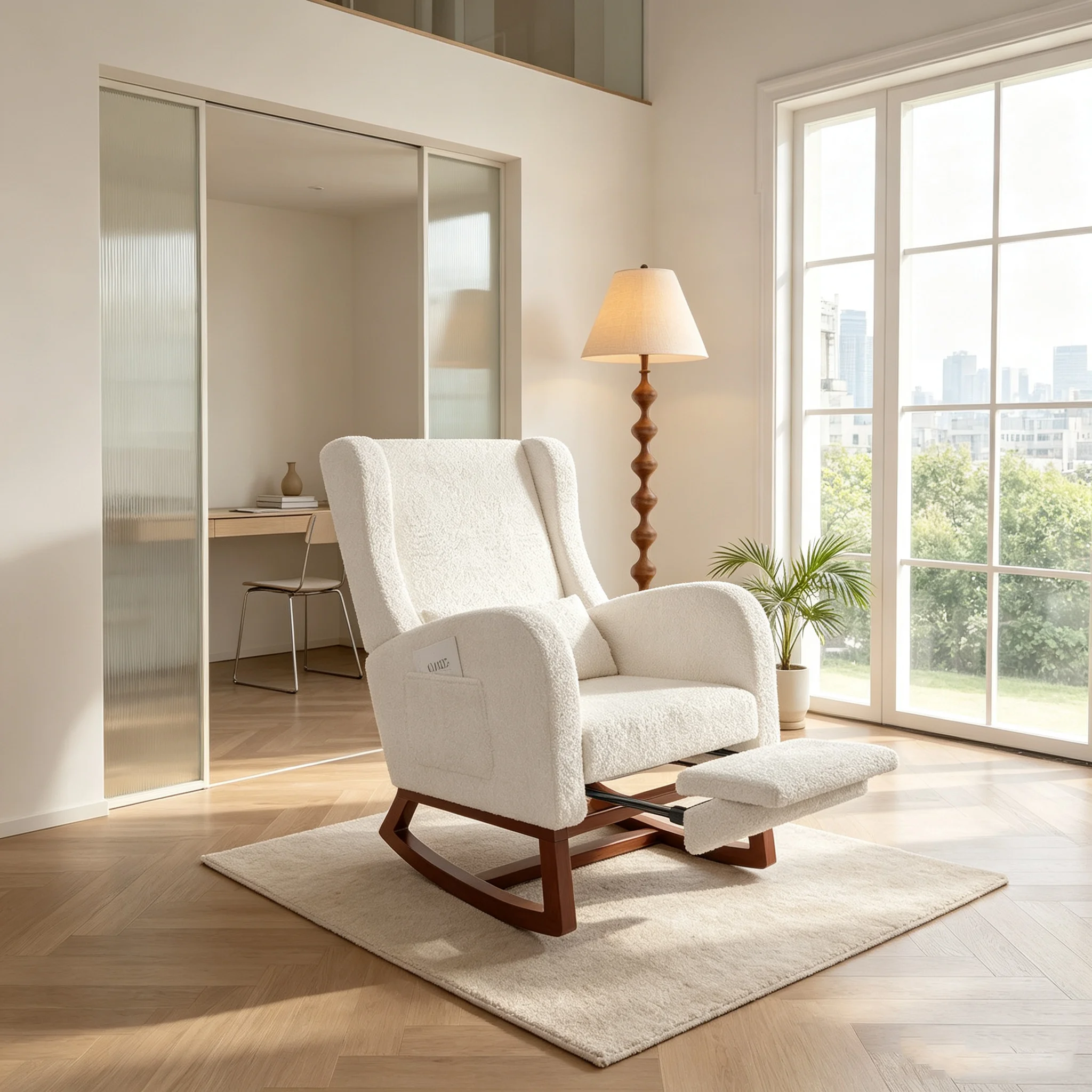 Fauteuil à bascule avec repose-pieds, fauteuil relaxant avec patins en bois, fauteuil de lecture pour chambre d'enfant, chambre à coucher, salon et balcon, fauteuil de salon, fauteuil à bascule rembourré, fauteuil d'allaitement, tissu Teddy, blanc