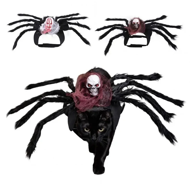 Costume d'Halloween pour animaux de compagnie : araignée, crâne, visage, poitrine, dos, tenue de jeu de rôle pour chat et chien, costume de transformation araignée avec visage de crâne