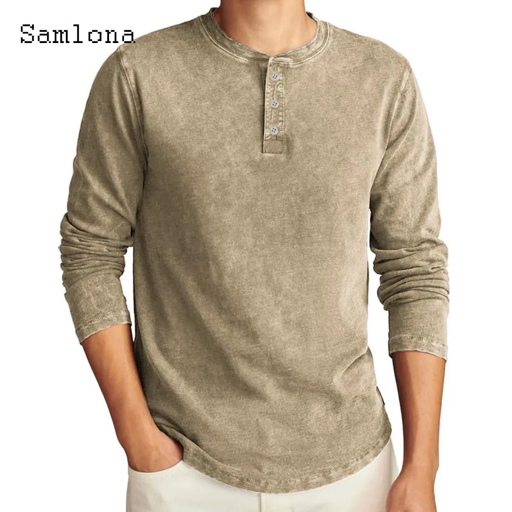 Men Vintage Basic Tops Solid Khaki Gray Collarless T-shirt 2025 New Summer Casual Pullovers Mens Shirt Clothing Plus Size S-5XL