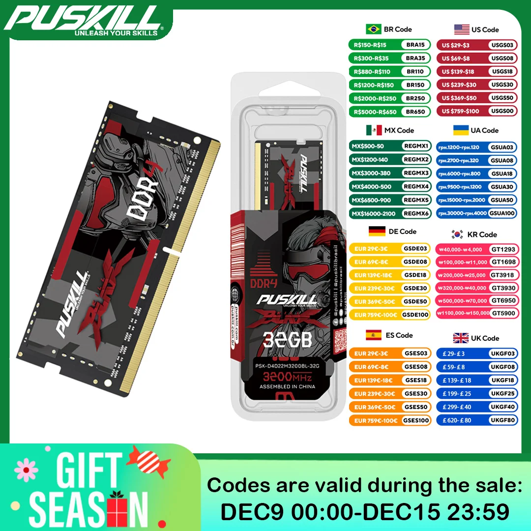 Puskill-ラップトップメモリ、ddr4、ddr3l、16GB、8GB、4GB、32GB、3200、2666、2400、1600、sodimm、ノートブックメモリ