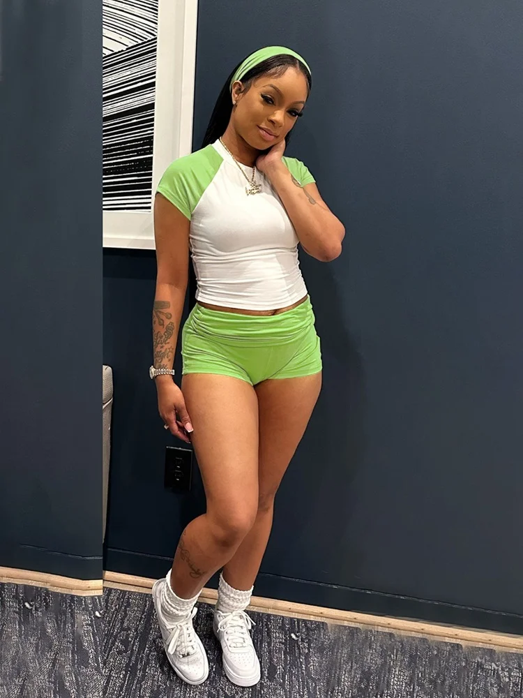 

Three Sisters Summer Woman Round Neck Street Spice Girls Short Sleeve T Splice High Waist Shorts Casual Sports Two Piece Set